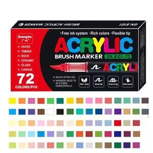 Guangna Acrylic Paint Markers Brush Tip, 72 Vivid Colors w/Direct-Liquid Ink
